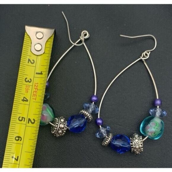 Silver Tone & Blue Beaded And Art Glass Beads Tear Drop Hoop Earrings Pierced - Picture 4 of 4